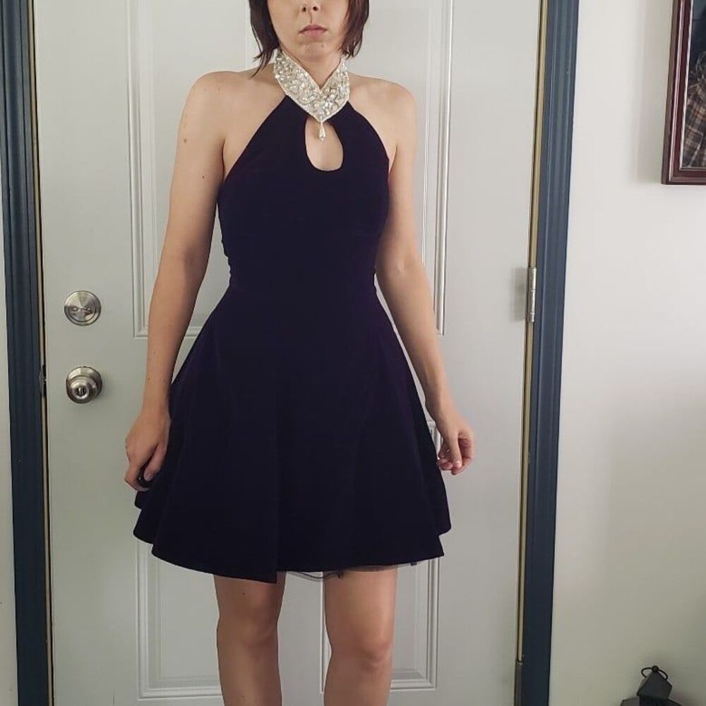 80s Purple Velvet‎ Halter Mini Dress